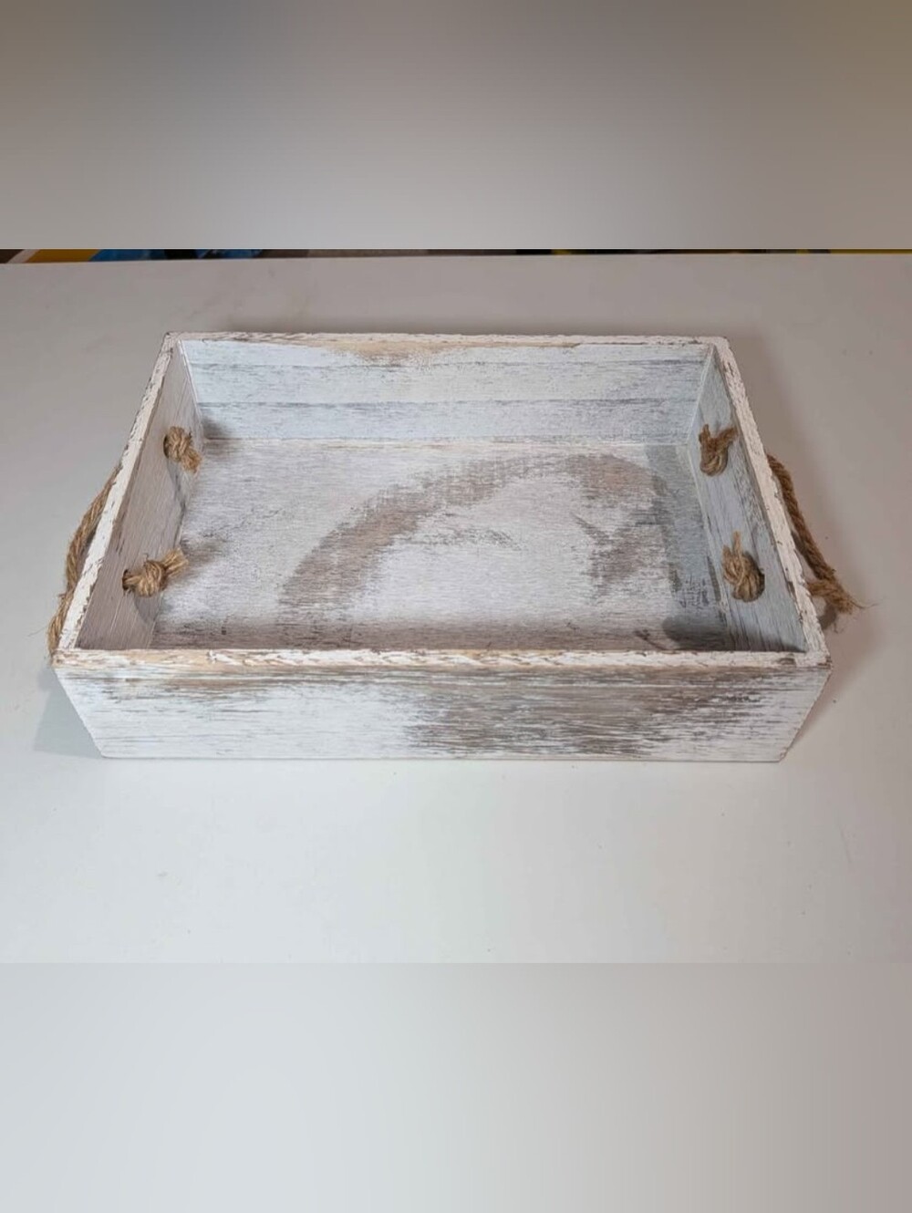Whitewashed Wood Rectangular Box With Rope Handles - Picture 2 of 4
